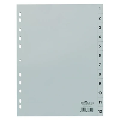 Immagine di Durable 651210 Divisorio con tasti prestampati 1 12, f.to A4 verticale, 12 tasti, foratura universale, grigio, pacco 25 pezzi