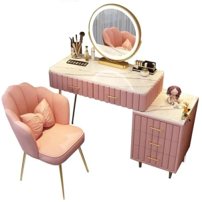 Immagine di Mobiletto per il trucco con luci, scrivania trucco, tavolo 5 cassetti e 1 mobiletto, sgabello, donne, ragazze, camera da letto, bianco rosa