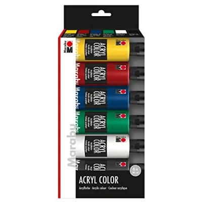 Immagine di Marabu 1201000000080 Set di colori acrilici, 6 x 80 ml, colore giallo medio, rosso carminio, blu verde succo, bianco e nero, acrilici a base d&#039;acqua, ad asciugatura rapida coprente
