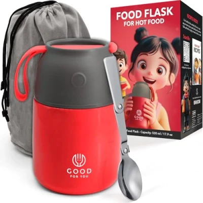 Immagine di Thermos per alimenti, in acciaio inox, 530 ml, pasti caldi e freddi, isolamento a doppia parete, contenitore termico scuola, ufficio, viaggi, campeggio, cucchiaio pieghevole