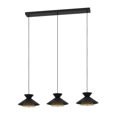 Immagine di Eglo Grizedale lampadario a 3 luci per il tavolo da pranzo, sala pranzo in stile Japandi, metallo nero e ottone, con attacco E27, diametro 96 cm