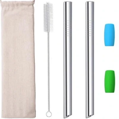 Immagine di Cannucce Riutilizzabili Bubble Tea Smoothie Milkshake Boba, Metallo Acciaio tè alle bolle Frullato Succo, 12mm Extra Larghe Aguzzo Cannuccia con Punte in Silicone Spazzola 2pcs Argento