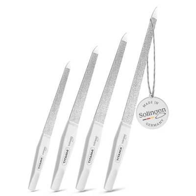Immagine di TITANIA® Solinger Saphir Set di 4 Lime per unghie professionali (12/15/17/20 cm) con manico bianco Lima e naturali alta qualità manicure pedicure