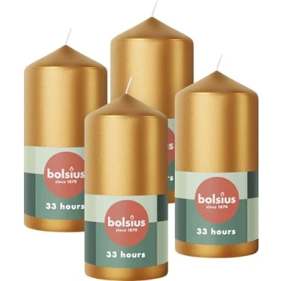 Immagine di Bolsius candele a pilastro lisce, oro metallizzato, 4 pezzi, 12 x 6 cm, decorative, lunghezza 33 ore, non profumate, include cera vegetale naturale, senza olio di palma, Avvento