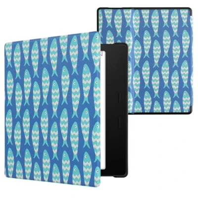 Immagine di kwmobile Custodia eReader Compatibile con Amazon Kindle Oasis 10. Generation Cover eBook Reader Flip Case blu/blu chiaro/bianco Pesciolini
