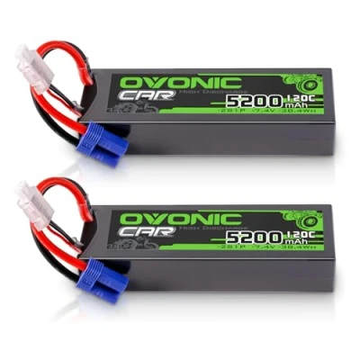 Immagine di OVONIC Batteria Lipo da 2 s, 7,4 V, 5200 mAh, 120 C, con spina EC5, per auto RC, Truggy, quadricottero, elicottero, camion, barca, aereo (2 pezzi)
