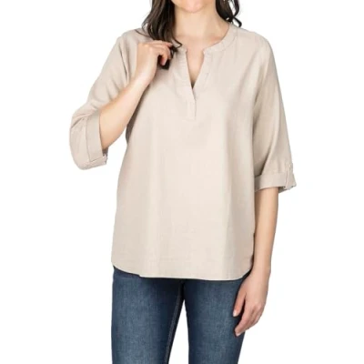 Immagine di DENIMFY Camicetta da donna estiva leggera, vestibilità normale, DFSara, in lino, a 3/4, con scollo V, tinta unita, bianco, beige, verde, S, M, L, XL, XXL, Sabbia chiara., L