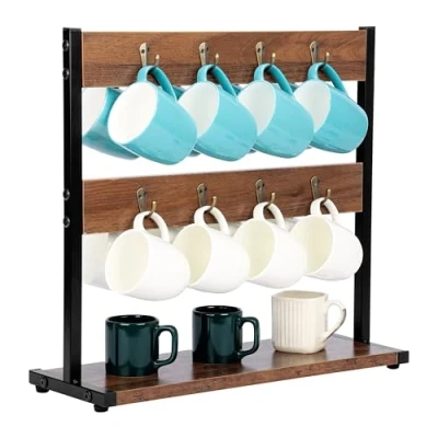 Immagine di BELLE VOUS Porta Tazze da Caffè Portatazze con Base di Appoggio Vassoio per Cialde Caffe Tazzine a 16 Ganci Organizer in Legno 2 Livelli Mobile Cucina o Bar