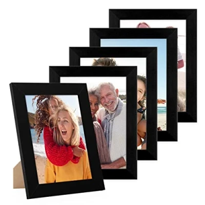 Immagine di PHOTOLINI cornici 15x20 cm nero legno MDF, set di 5 larghe, moderne, plexiglass infrangibile, da tavolo o parete, accessori extra per una parete dal look raffinato