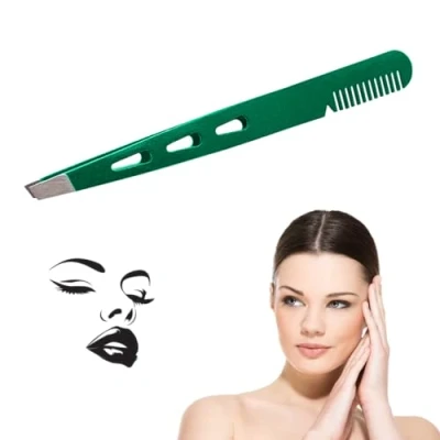 Immagine di Pinzetta Professionale Sopracciglia con Punta Obliqua in Acciaio Inossidabile Pettine Incorporato per Precisione nella Depilazione Viso e Peli Incarniti Ideale Uomini Donne (VERDE)