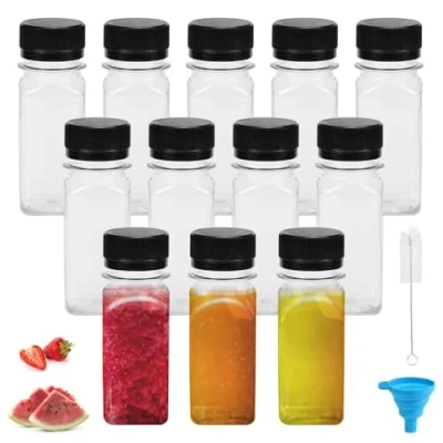 Immagine di HEKOBAG 12 pcs Bottiglie di Succo in Plastica per 60 ml Piccole Riutilizzabili con Coperchi Mini Imbuto e Pennello Latte, Acqua