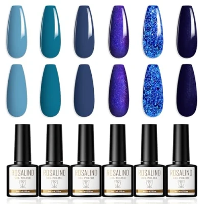 Immagine di ROSALIND Semipermanente Unghie 6 Colori, Blu Navy Glitter Smalti Semipermanenti per Smalto Gel 8ml UV/LED Soak Off Nail Polish Serie Set Art DIY