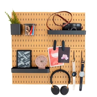 Immagine di L&#039;essentiel Home and Office Organizer da parete con pannello forato, 56 x cm, set completo (4 piastrelle 28 cm) e accessori, bianco o nero (marrone/nero, di 4 pannelli)
