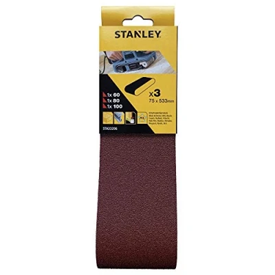 Immagine di Stanley Set di nastri abrasivi per levigatrice a nastro (75 x 533 mm, 1 K60, K80, K100, adatto Black+Decker BD75, BD75E, KA75E, KA88) STA33206
