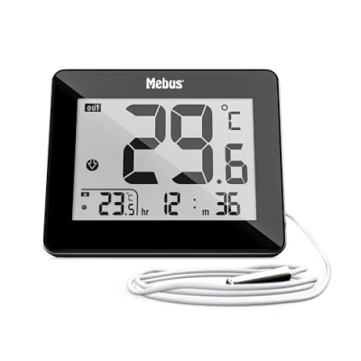 Immagine di MEBUS digitales Thermometer Innen und Außen mit kabelgebundenem Außensensor, Uhrzeit, Min/Max Werte, Farbe: Schwarz, Modell: 48432