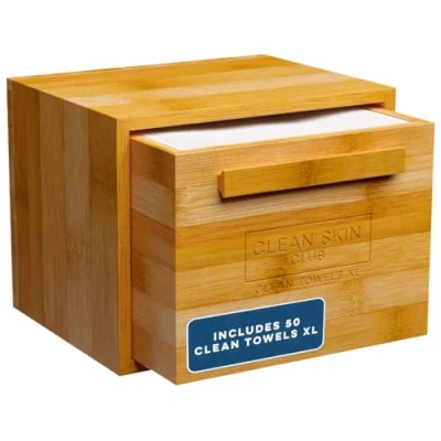 Immagine di Clean Skin Club Luxe Scatola in bambù con cassetto e asciugamani XL, asciugamano per il viso, salviette asciutte usa getta, lavaggio del viso (cassetto contenitore bambù)