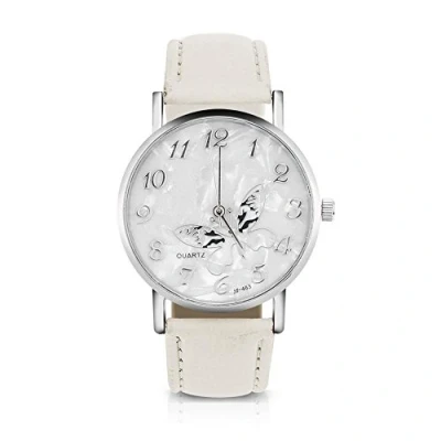 Immagine di Orologio al Quarzo da Donna Polso analogico Femminile con Cinturino in Pelle PU Moda Semplice Disegno a Farfalla(Bianco)