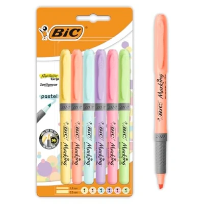 Immagine di BIC Highlighter Grip, evidenziatori con punta smussata regolabile, colori assortiti, confezione da 6