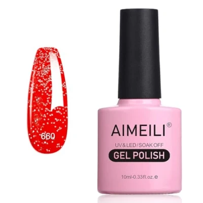 Immagine di AIMEILI Smalto Semipermanente in Gel UV LED per Unghie Kit Smalti Semipermanenti Soak off Colori Manicure Glitter Rosso Natalizio (660) 10ml