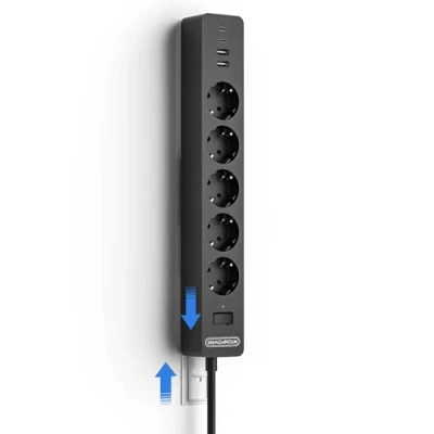 Immagine di NTONPOWER Multipresa USB Ciabatta con Montaggio a Muro, Non Sono Necessarie Viti, 3 Presa Schuko 2 Porte e Salvafulmine, 1,5 Metro Prolunga Elettrica, Nero
