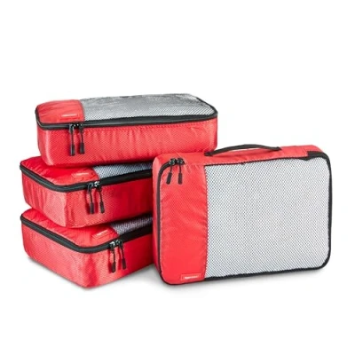 Immagine di Amazon Basics Organizer da Viaggio Salvaspazio per Valigie, con Cerniera, Set 4 Pezzi, Medio, Rosso