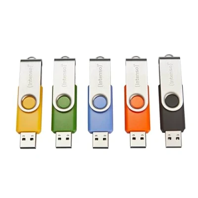 Immagine di Intenso Basic Line 5X 64GB Chiavette USB 2.0 con pratiche etichette per etichettatura, giallo, verde, nero, blu e arancione, staffa in metallo argentato