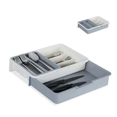 Immagine di Relaxdays Portaposate da Cassetto, Regolabile, 7 Scomparti, Posate &amp; Accessori Cucina, Plastica, 6x23,5x31,5 cm, PP, Bianco/Grigio