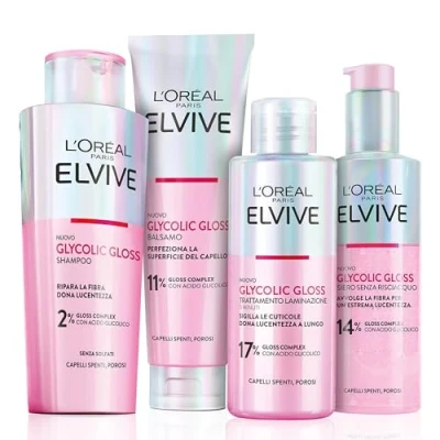 Immagine di L&#039;Oréal Paris Elvive Routine Con Shampoo, Balsamo, Trattamento Laminazione 5 Minuti e Siero Senza Risciacquo, Per Capelli Spenti Porosi, Luminosità Intensa, Acido Glicolico, Glycolic Gloss
