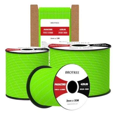 Immagine di Brotree Paracord 3mm 15M Corda 100% Nylon Tipo II 3 Fili 425 per Esterno, Artigianato, Fatto a Mano 192 kg Carico di Rottura (Riflettente Neon Verde)