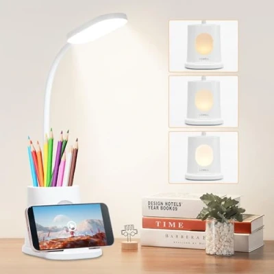 Immagine di LQWELL® Lampada Da Scrivania A LED 4 In 1 Ricaricabile USB Per Ufficio Domestico, Luce Notturna 3 Livelli Di LuminositÀ, Luci Tavolo Studio Flessibili 360 Con Portapenne (Bianco)