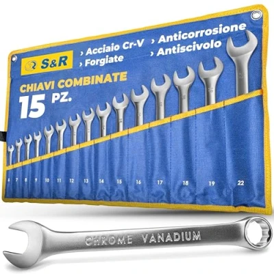 Immagine di S&amp;R Set 15 Chiavi Inglesi Combinate Anello e Forchetta 6 22 mm. Fisse Professionali di Qualità Industriale