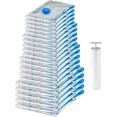 Immagine di Amazon Basics Cerniera Sacchetti di stoccaggio sottovuoto con pompa a mano, 4 unità (5 piccoli, 5 medi, grandi, Jumbo), Molteplici, Trasparente