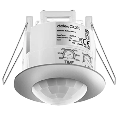 Immagine di deleyCON 1x Infrarossi Rilevatore di Movimento a Soffitto All&#039;interno Portata 6m 360 Luminosità Ambientale Regolabile IP20 da Incasso Cromo