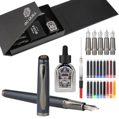 Immagine di GC QUILL Set di penne stilografiche per calligrafia, include 5 pennini, flacone inchiostro, convertitore ricarica e 18 cartucce d&#039;inchiostro, regalo scrivere diario MU 25