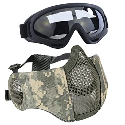Immagine di Aoutacc Set di accessori protettivi per softair, maschera a metà viso in rete con protezione le orecchie, e occhialini CS / caccia paintball tiro, ACU
