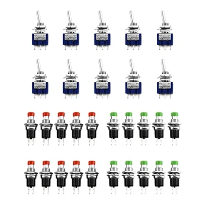 Immagine di QWORK® Set di 30 Micro Interruttore, 10 x Interruttore a Levetta 125V 6A 3 Pin 2 Posizioni &amp; 20 Momentaneo Pulsante Tattile 250V 1A