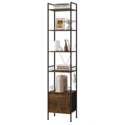 Immagine di WOLTU Libreria a 5 Piani, Scaffale ad Angolo Alto, Stretta con 1 Cassetto, Stile Industriale, Struttura in Acciaio, per Soggiorno, Ufficio, Camera da Letto, Marrone Rustico+Nero
