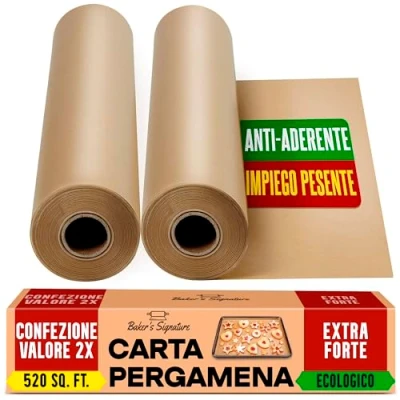 Immagine di Carta Forno Rotolo Non Candeggiata per Cucinare Confezione da 2 38cm x 64m con Taglierina, Antiaderente, Cucina, Grigliare e Friggitrice ad Aria Baker&#039;s Signature