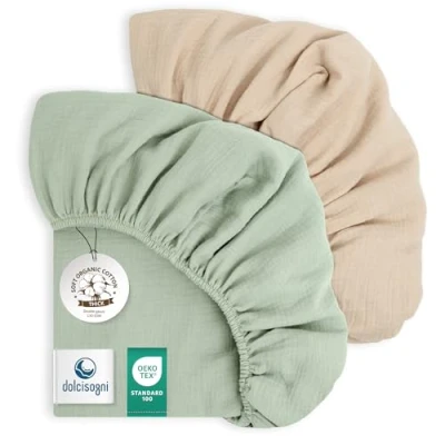 Immagine di DOLCI SOGNI Lenzuola Lettino Neonato 60x120 in Mussola Set Lenzuolino con Angoli Traspirante per Sbarre e Brandina Asilo Nido Certificato Oeko TEX 1 x Sabbia + Menta