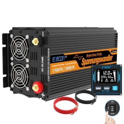 Immagine di EDECOA Inverter Onda Pura 1500w Invertitore di Potenza 12v 220v/ 230 Trasformatore Tensione 2X USB Telecomando LCD Power e Picco momentaneo 3000w (Nuovo Telecomando)