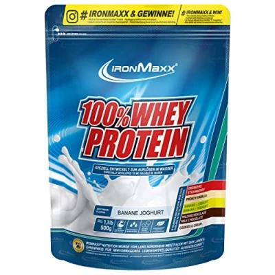 Immagine di IronMaxx 100% Proteine di siero latte in polvere solubile acqua, gusto yogurt alla banana, sacchetto da 500g (1 confezione)