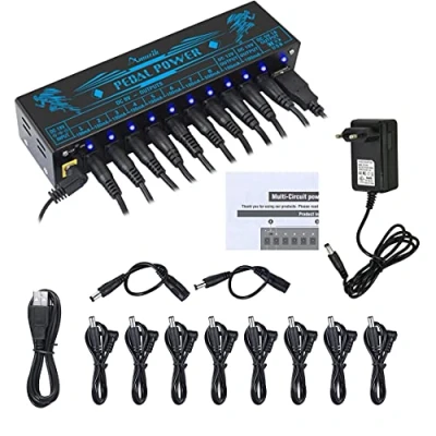 Immagine di Amuzik Guitar Pedal Power Supply 10 Isolato DC Output per chitarra da 9 V/12 V/18 V, pedali con porta di ricarica USB tablet, adattatore alimentazione 18 V/1 A