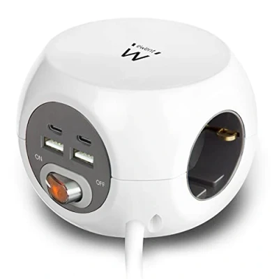 Immagine di Ewent Powercube EW3957 Cubo con presa USB, 2 USB C e prese A (3,4 A) interruttore, 3 prese, incluso cuscinetto adesivo per cucina, ufficio, soggiorno, lunghezza cavo 1,5 m, colore: Bianco