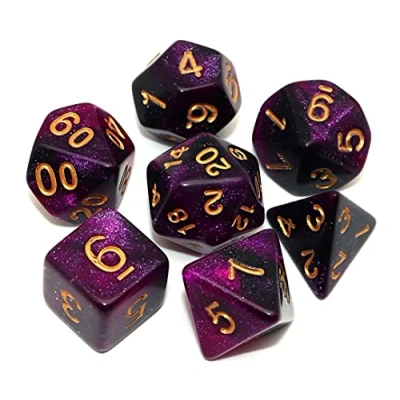 Immagine di set di dadi poliedrici viola e neri sfumati, per dungeon dragons, D&amp;D pathfinder, 7 giochi ruolo, con sacchetto