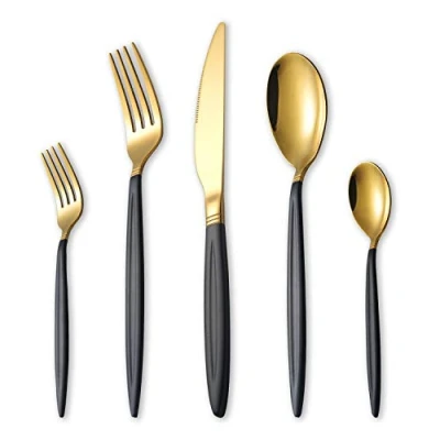 Immagine di HOMQUENSet di Posate in oro Nero da 30 Pezzi, Set Acciaio Inossidabile, Con Manico Cucchiaio Titanio e Vernice Spray, Servizio per 6 (Nero Opaco Lucido)