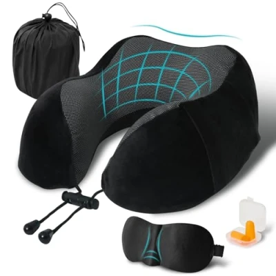 Immagine di Cuscino da Viaggio, Aereo Viaggio Memory Foam, Cervicale Travel Neck Pillow con Maschera per Dormire e Tappi le Orecchie L&#039;ufficio Dell&#039;auto Dell&#039;aereo Nero