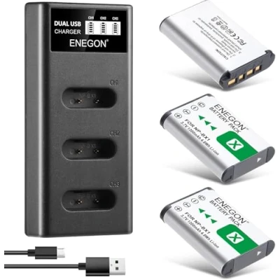 Immagine di ENEGON NP BX1 Set di 3 batterie da 1300 mAh e caricatore LCD per Sony ZV 1, Cyber Shot DSC RX100, RX100 II/III/M4/M5/M6/M7////VA, RX100M II, HDR CX44 2005 g