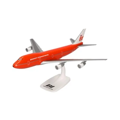Immagine di herpa Modellino di aereo Snap Fit Braniff International Boeing 747 100 &quot;Big Pumpkin, miniatura in scala 1:250, pezzo da collezione, modello con base, plastica