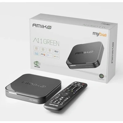 Immagine di AMIKO A11 Green 4K UHD Android 11 TV Box, Dual Band WiFi, HDR10+, HLG, 2 GB RAM e flash da 16 GB, ricevitore TV, Bluetooth 4.0, My TV3, slot per schede SD, USB 2.0 3.0, HEVC, connettore a infrarossi