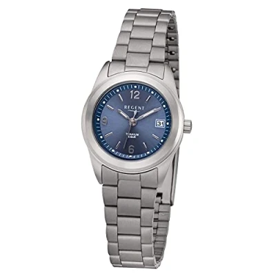 Immagine di REGENT Orologio da donna con cinturino in titanio, cassa titanio e fibbia deployante, piccolo, leggero, numeri arabi, al quarzo, diametro 26 mm, data, Blu, Bracciale
